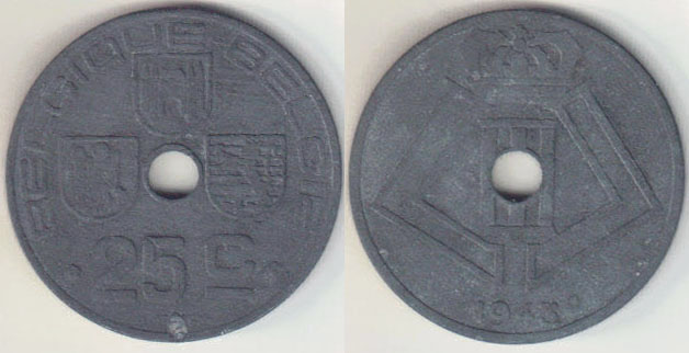 1943 Belgium 25 Centimes (German occupation) French A005354